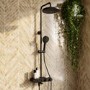 ALMOST PERFECT - Black Round Thermostatic 3 Outlet Mixer Shower Set with Bath Filler Spout Push Buttons and Shelf- Mika