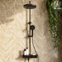 ALMOST PERFECT - Black Round Thermostatic 3 Outlet Mixer Shower Set with Bath Filler Spout Push Buttons and Shelf- Mika