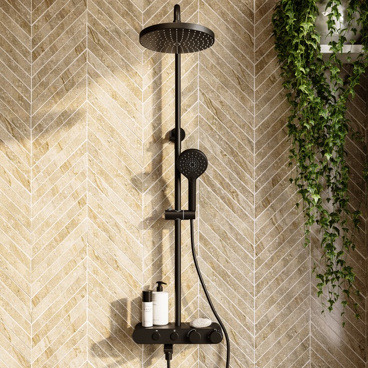 ALMOST PERFECT - Black Round Thermostatic 3 Outlet Mixer Shower Set with Bath Filler Spout Push Buttons and Shelf- Mika