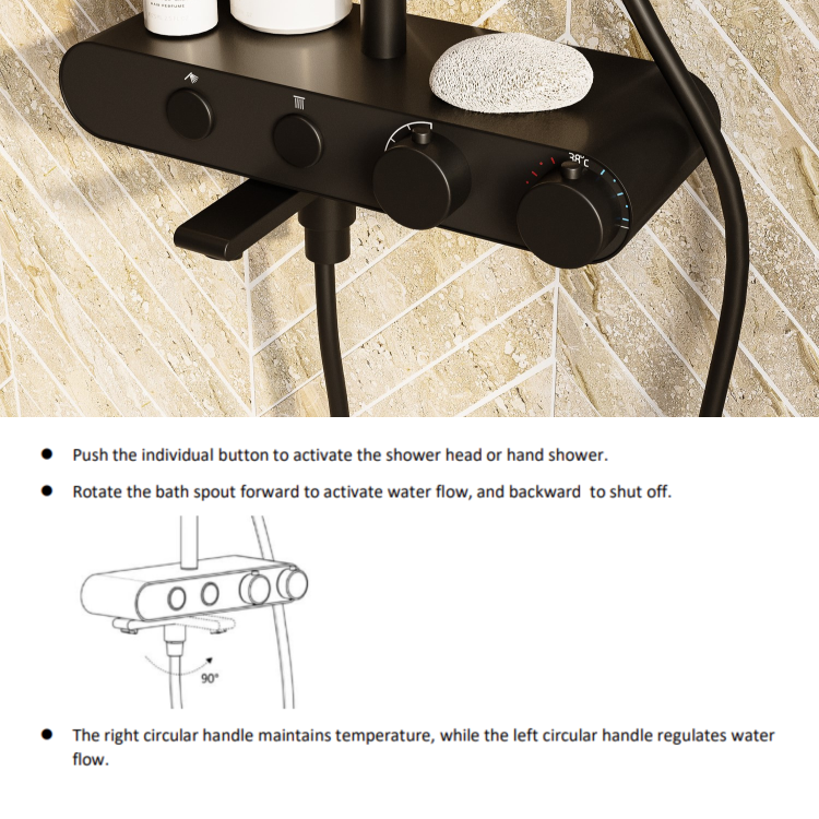 ALMOST PERFECT - Black Round Thermostatic 3 Outlet Mixer Shower Set with Bath Filler Spout Push Buttons and Shelf- Mika