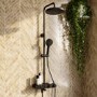 ALMOST PERFECT - Black Round Thermostatic 3 Outlet Mixer Shower Set with Bath Filler Spout Push Buttons and Shelf- Mika