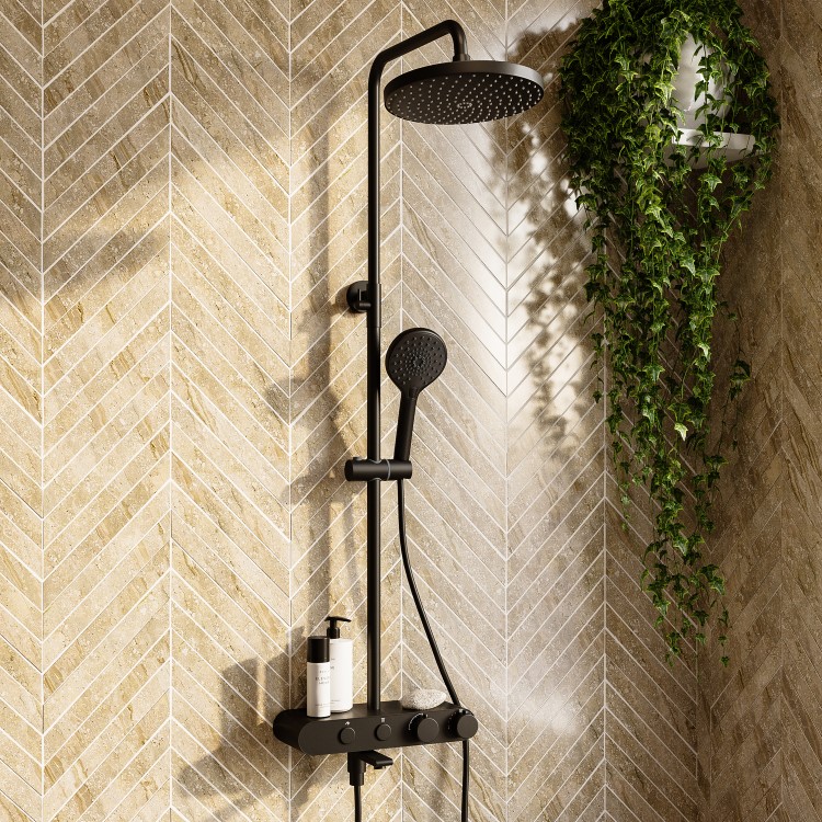 ALMOST PERFECT - Black Round Thermostatic 3 Outlet Mixer Shower Set with Bath Filler Spout Push Buttons and Shelf- Mika