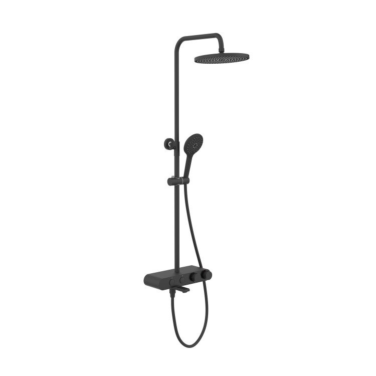 ALMOST PERFECT - Black Round Thermostatic 3 Outlet Mixer Shower Set with Bath Filler Spout Push Buttons and Shelf- Mika