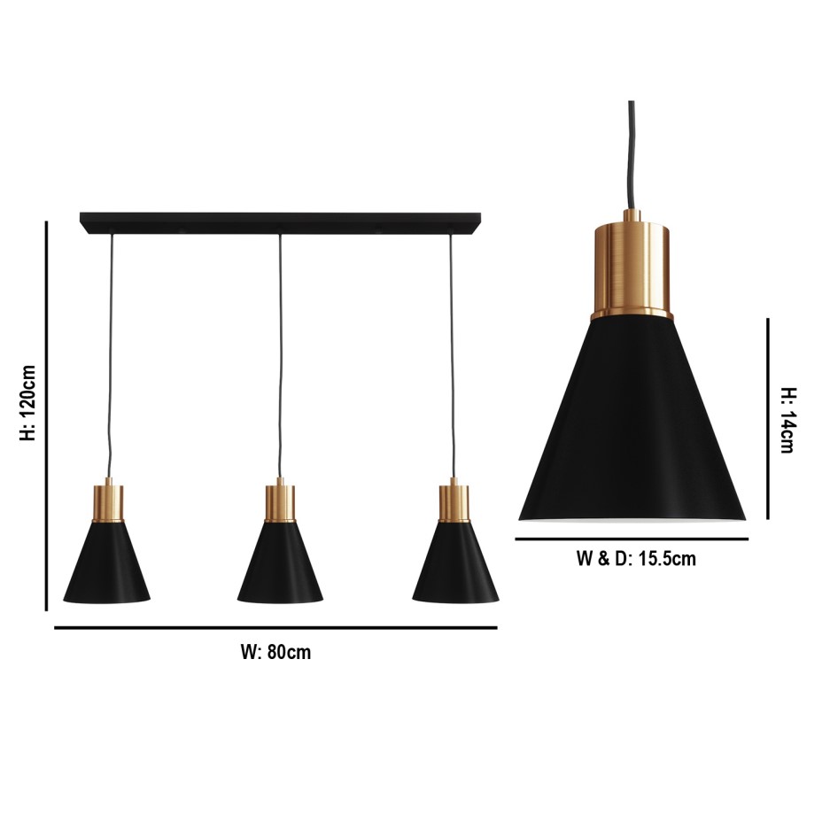 Ceiling Bar Light with 3 Matte Black Pendants & Gold Tops BuyItDirect.ie