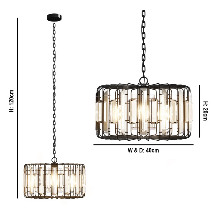 Large Black Metal Pendant Light with Crystals - Montrose