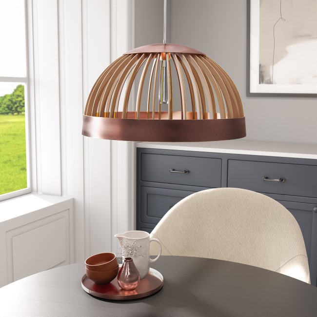 Wood Dome Pendant Light with Copper Finish - Mayfield