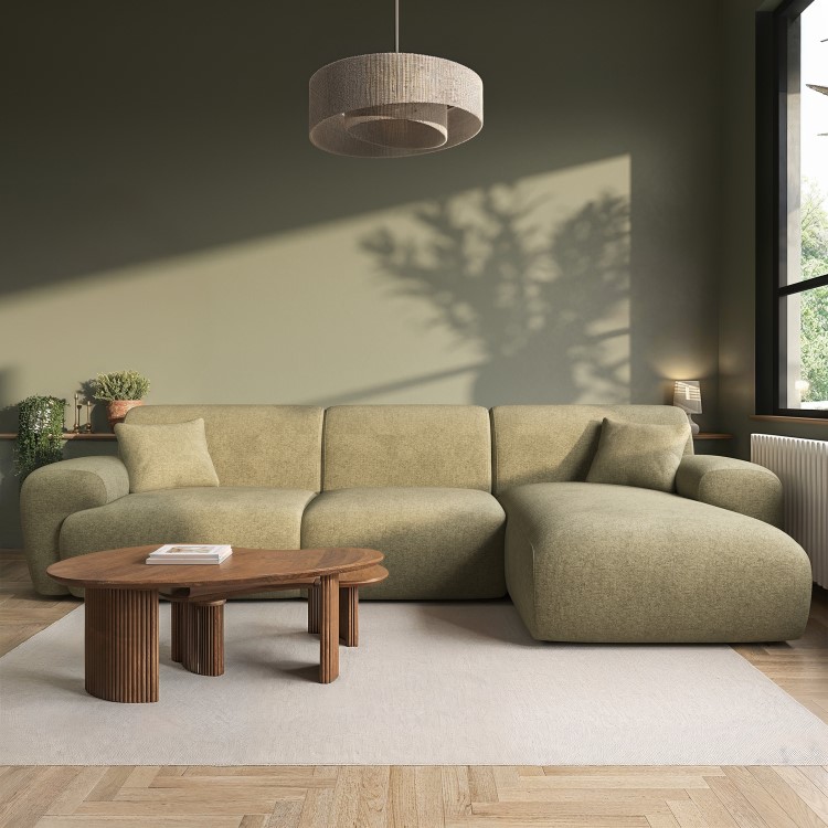 Large Beige Sandstone Chenille Right Hand 4 Seater Chaise Corner Sofa - Mahalia