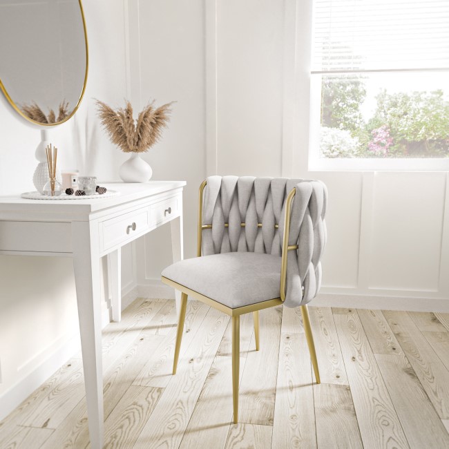 Cream Woven Linen Dressing Table Chair with Gold Legs - Malika 