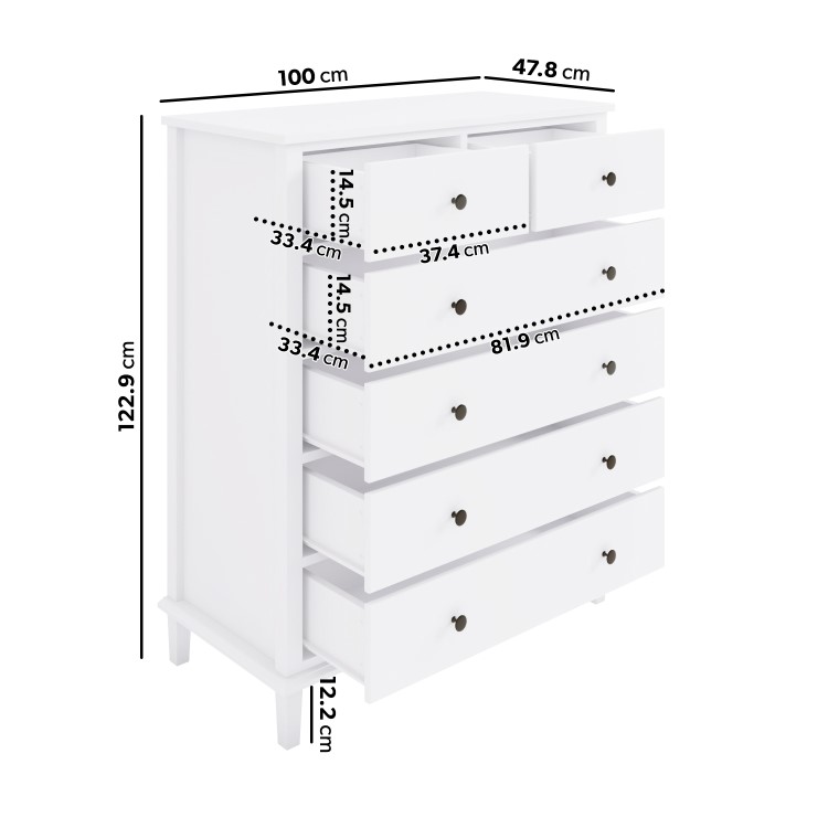 Tall White Wooden Chest of 6 Drawers - Marlowe