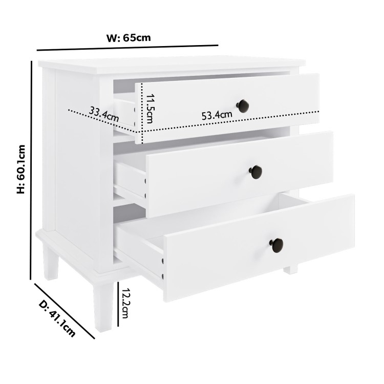 Wide White Wooden 3 Drawer Bedside Table Marlowe