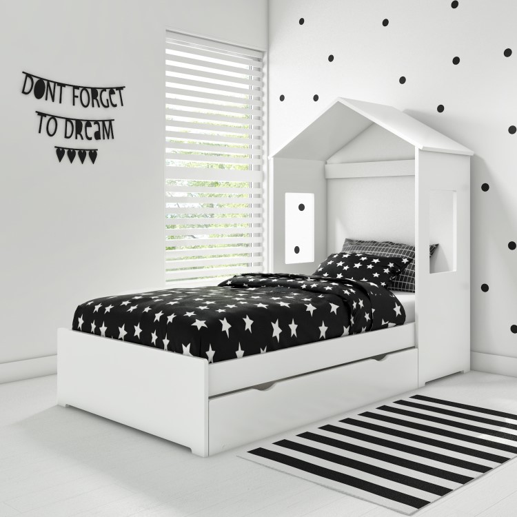 Milo House Bed in White with Pull Out Storage Drawer