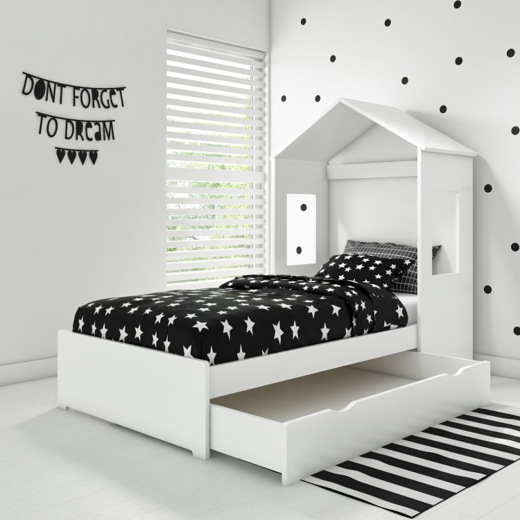 Milo House Bed in White with Pull Out Storage Drawer