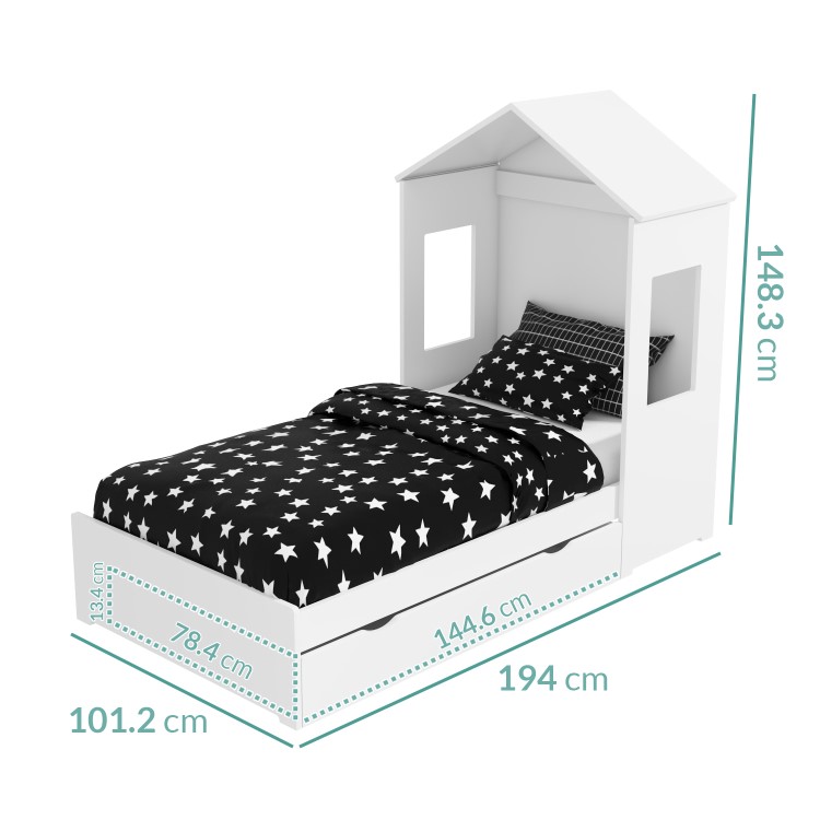 Milo House Bed in White with Pull Out Storage Drawer