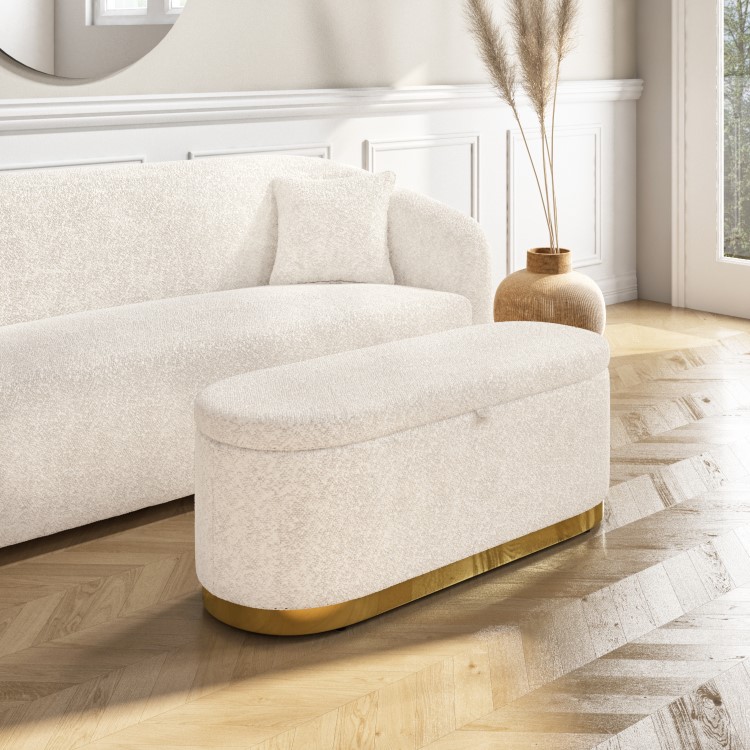 Large Cream Boucle Fabric Footstool with Ottoman Storage - Monroe