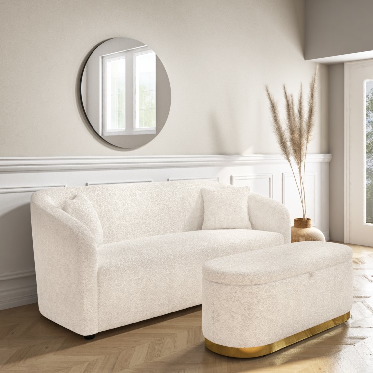 Large Cream Boucle Fabric Footstool with Ottoman Storage - Monroe