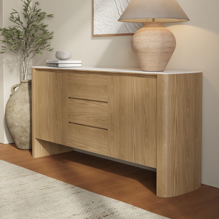 Large White Marble Ceramic and Oak Sideboard - Malia