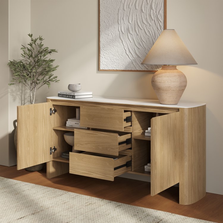 Large White Marble Ceramic and Oak Sideboard - Malia