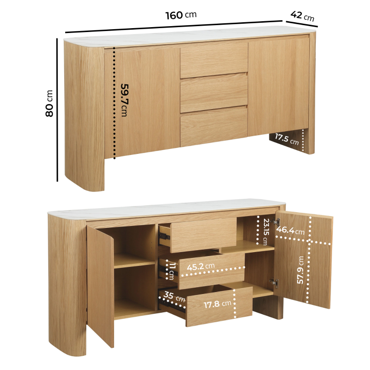 Large White Marble Ceramic and Oak Sideboard - Malia