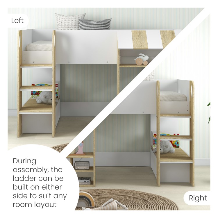 White and Oak Mid Sleeper Cabin bed with Storage - Marcel