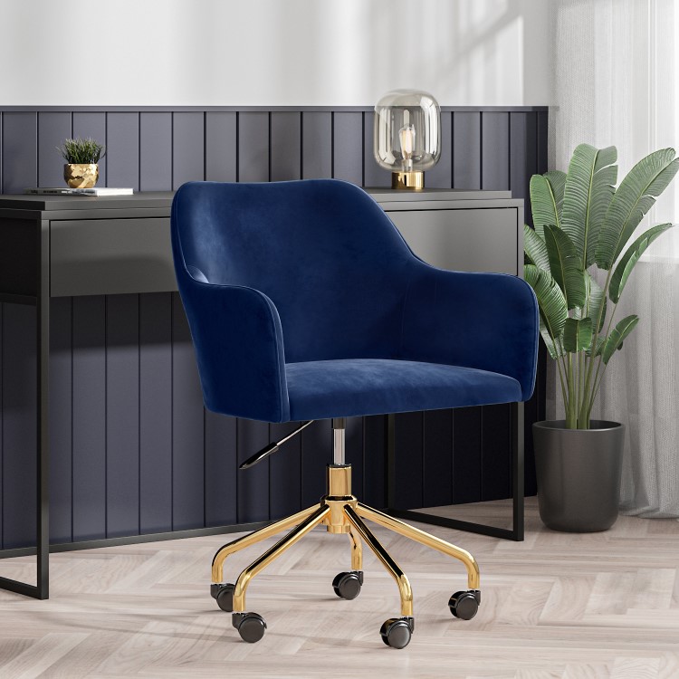 Navy Blue Velvet Office Chair with Arms - Marley