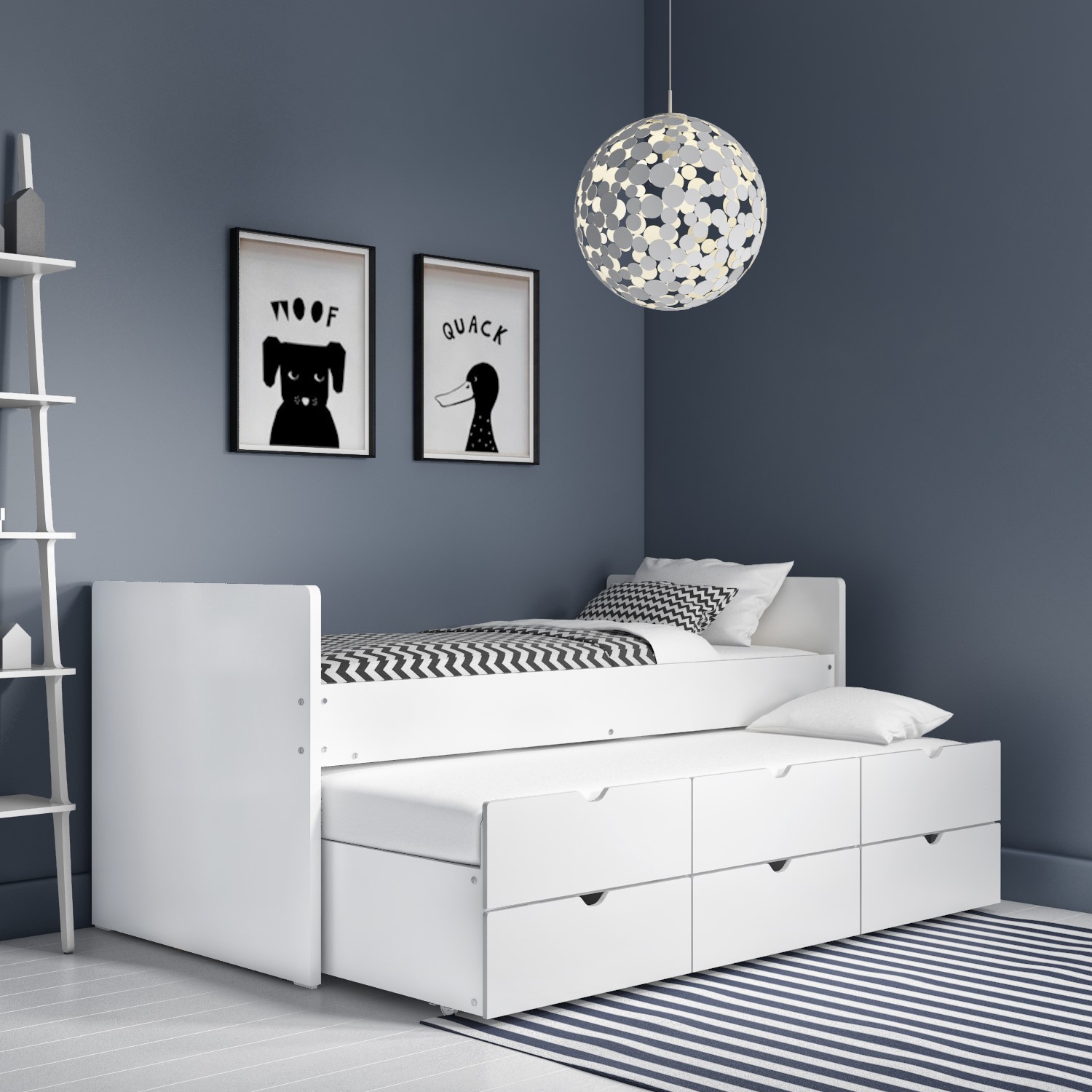 White Single Guest Trundle Bed with Storage Drawers Matisse