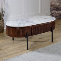 Mango Wood Oval Fluted Coffee Table With Marble Top - Opal