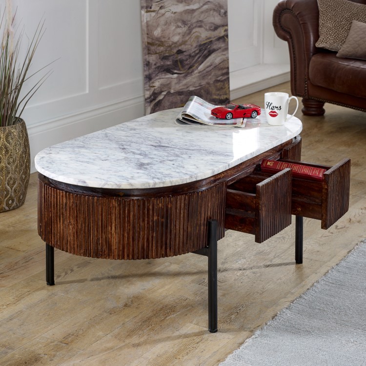Mango Wood Oval Fluted Coffee Table With Marble Top - Opal