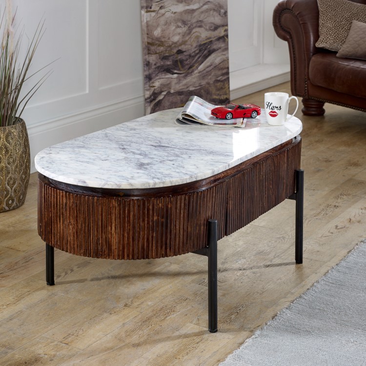 Mango Wood Oval Fluted Coffee Table With Marble Top - Opal