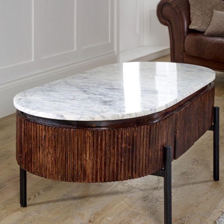 Mango Wood Oval Fluted Coffee Table With Marble Top - Opal