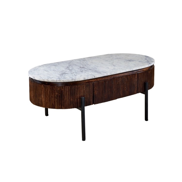 Mango Wood Oval Fluted Coffee Table With Marble Top - Opal