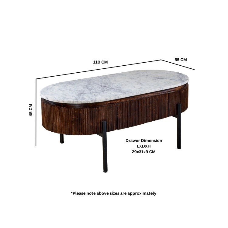 Mango Wood Oval Fluted Coffee Table With Marble Top - Opal