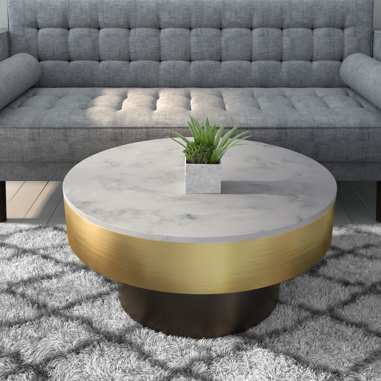 Marble Coffee Table in White with Gold and Black Base - Martina