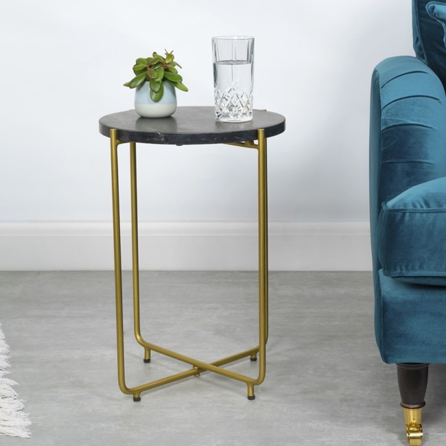 Black Marble Side Table with Gold Legs - Round