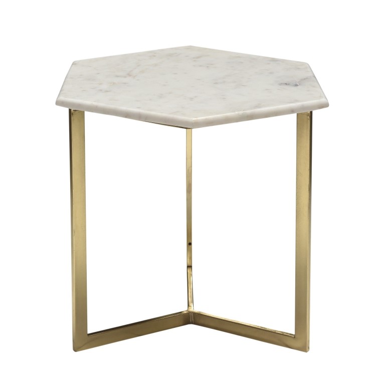 Marble Side Table in White Hexagon & Gold Metal - Martina
