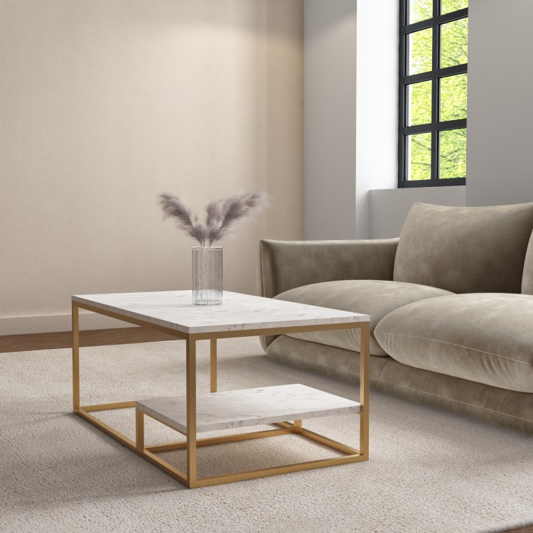 Large Rectangle White Marble Coffee Table with Storage - Martina