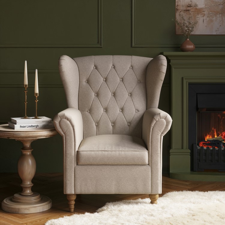 Beige Woven Fabric Wingback Armchair - Martha