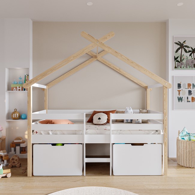 House Cabin Bed with 2 Drawers in White and Pine - Mylo