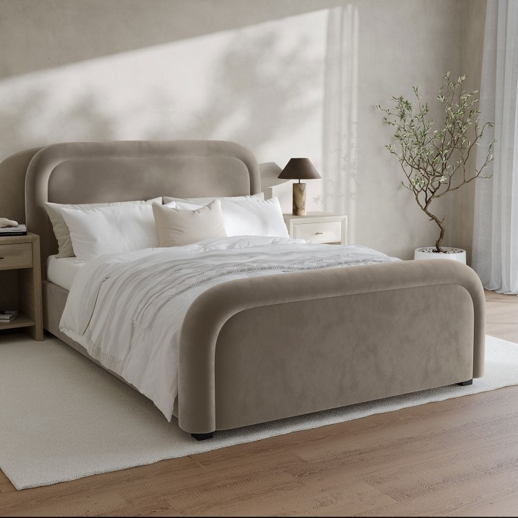 Mink Velvet King Size Ottoman Bed with Curved Headboard - Naomi