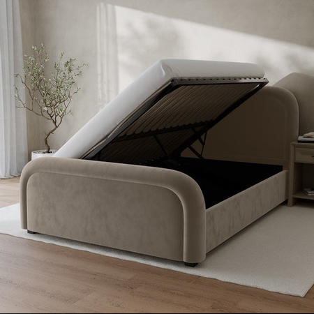 Mink Velvet King Size Ottoman Bed with Curved Headboard Naomi