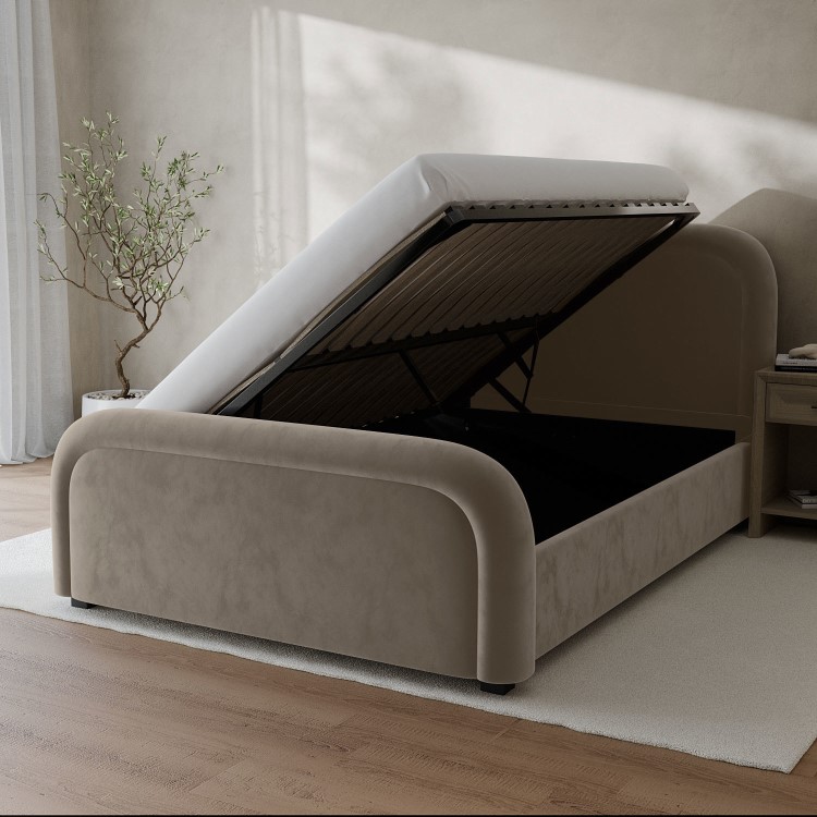 Mink Velvet King Size Ottoman Bed with Curved Headboard - Naomi