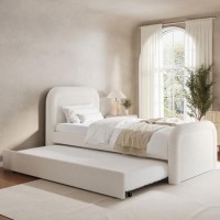 Cream Boucle Single Guest Bed with Trundle and Curved Headboard - Naomi Cream Boucle Single Guest Bed with Trundle and Curved Headboard - Naomi