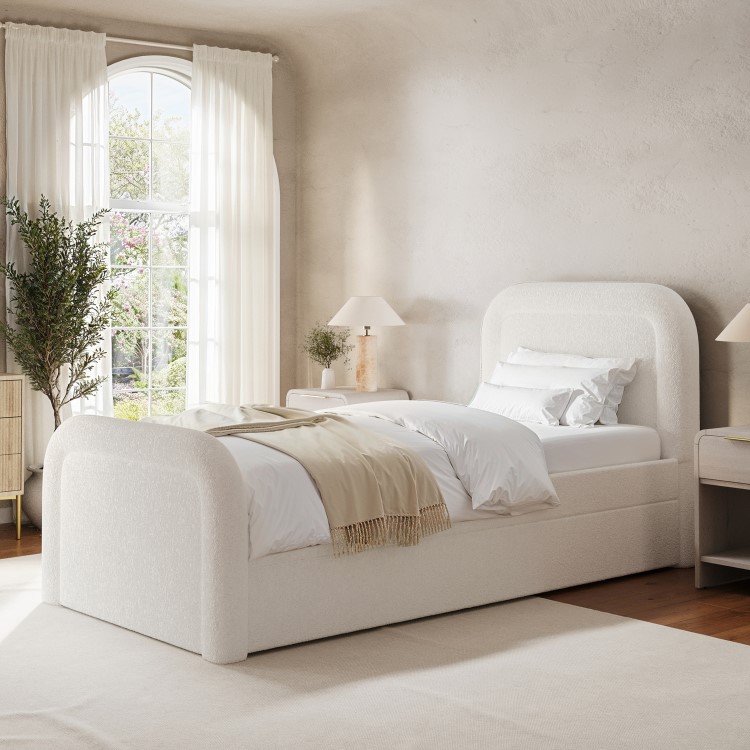 Cream Boucle Single Guest Bed with Trundle and Curved Headboard - Naomi