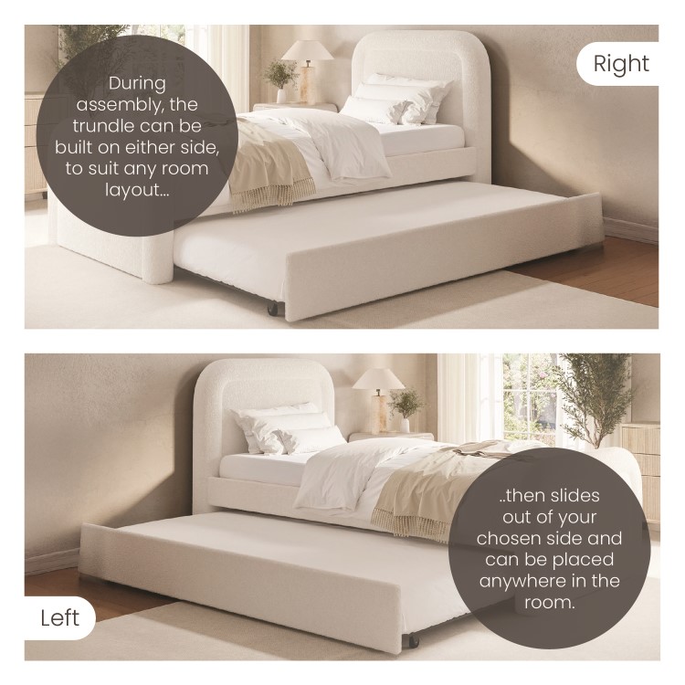 Cream Boucle Single Guest Bed with Trundle and Curved Headboard - Naomi