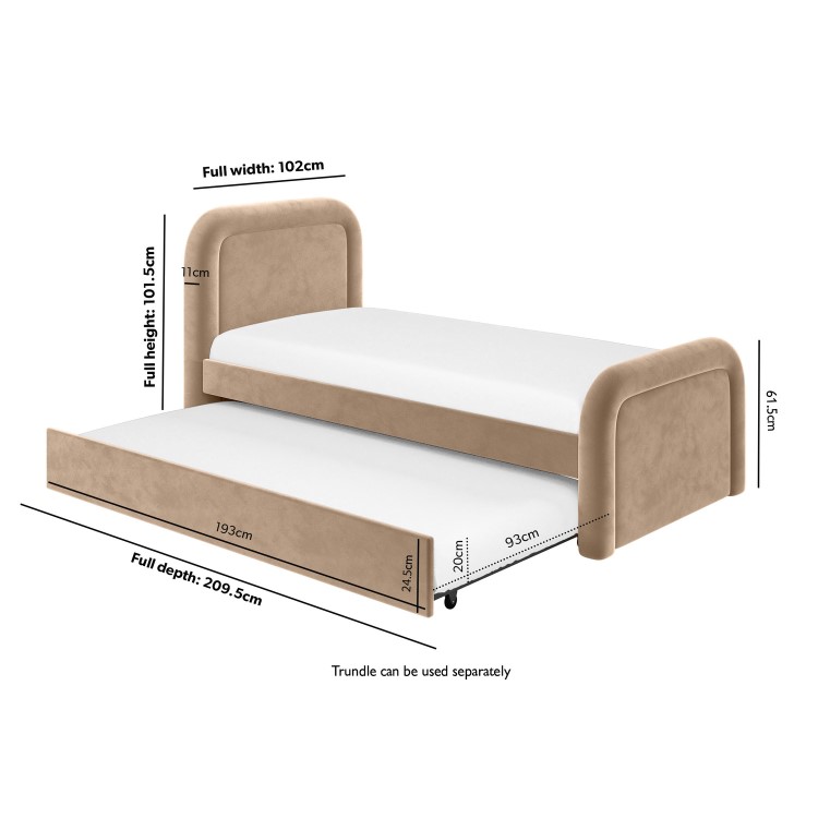 Beige Velvet Single Guest Bed with Trundle and Curved Headboard - Naomi