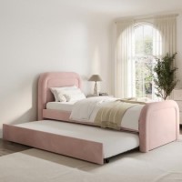 Pink Velvet Single Guest Bed with Trundle and Curved Headboard - Naomi