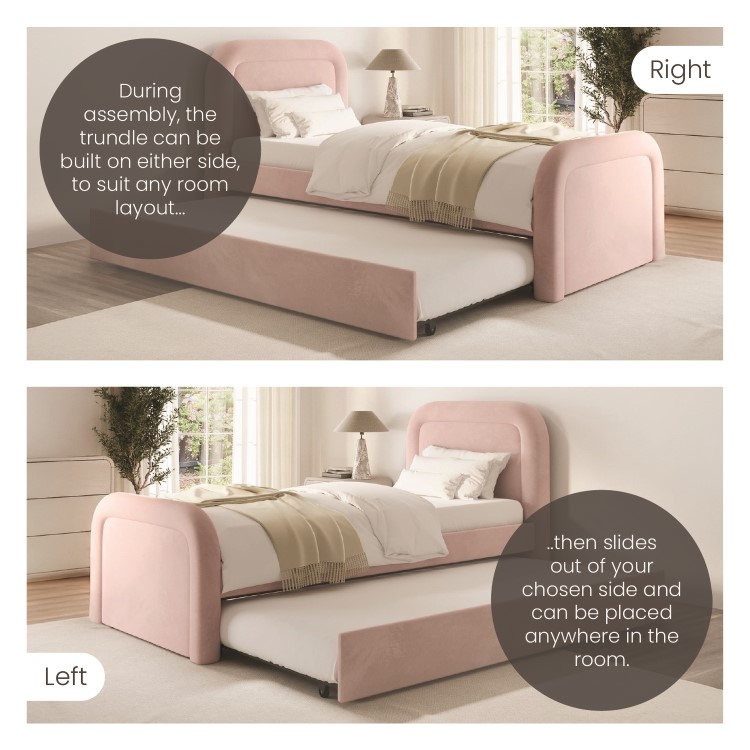 Pink Velvet Single Guest Bed with Trundle and Curved Headboard - Naomi