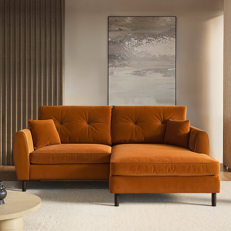 Rust Orange Velvet Reversible 3-Seater Chaise Corner Sofa - Nolen