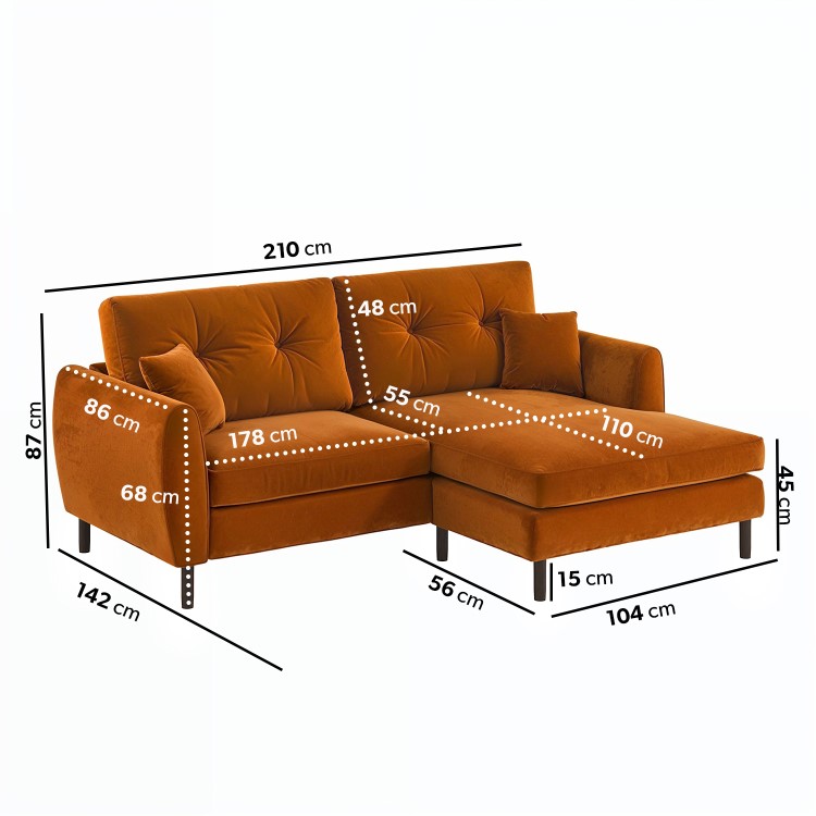 Rust Orange Velvet Reversible 3-Seater Chaise Corner Sofa - Nolen