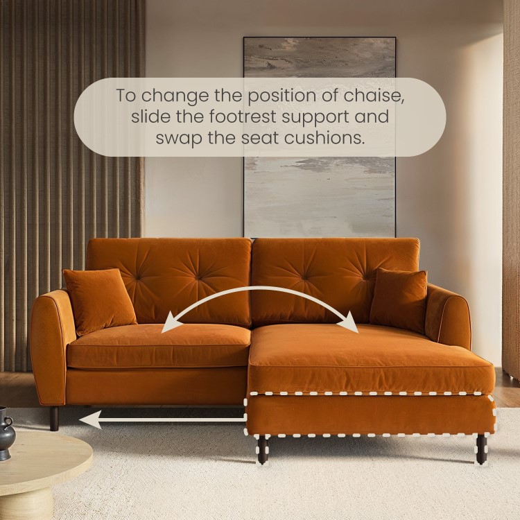 Rust Orange Velvet Reversible 3-Seater Chaise Corner Sofa - Nolen