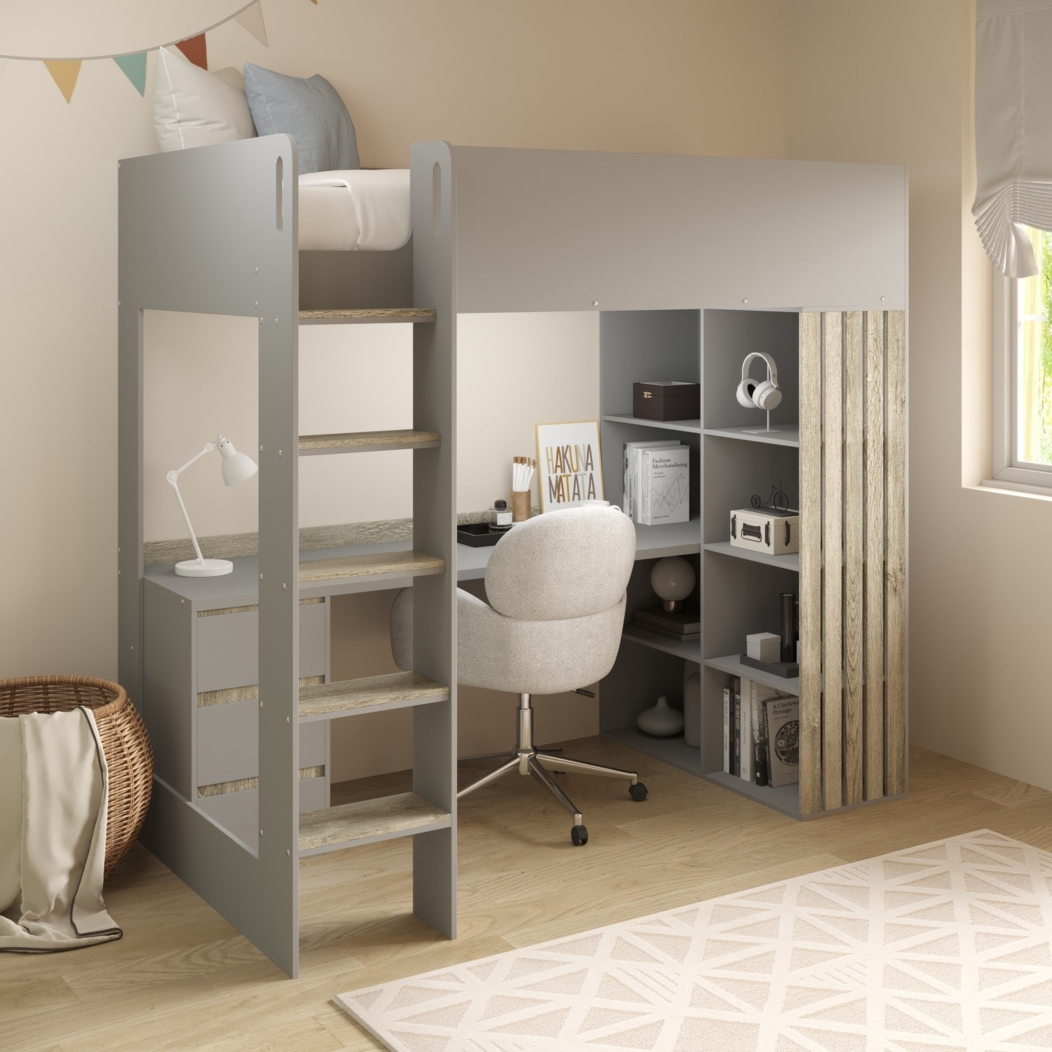 High Sleeper Loft Bed With Desk And Storage In Grey And Oak Nelly high-sleeper-loft-bed-with-desk-and-storage-in-grey-and-oak-nelly